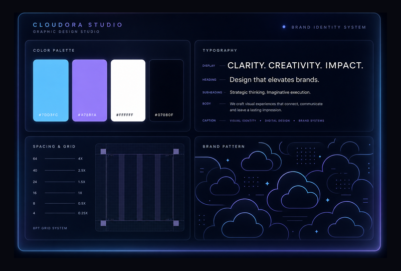 Cloudora Studio brand identity system — colors, typography, and guidelines