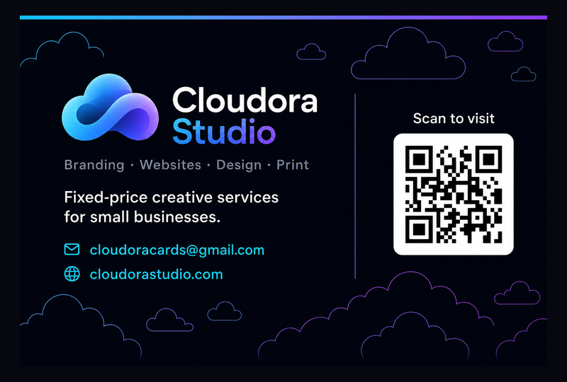Cloudora Studio business card — logo, contact details and QR code