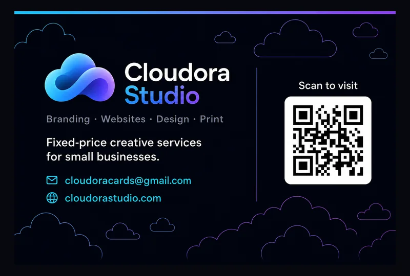 Cloudora Studio business card — logo, contact details and QR code